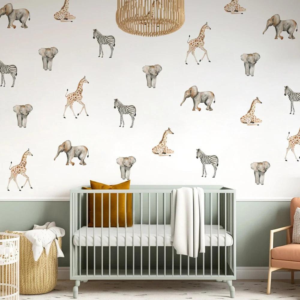 Africa Wild Animal Nursery Room Wallpaper Sticker Zebra Giraffe Elephant Tropical Animal Wall Art Stickers Home Interior Decals - Parker and Olive