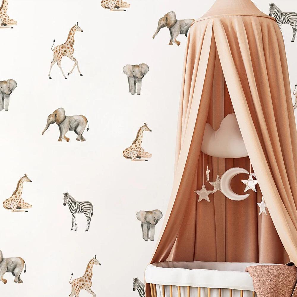 Africa Wild Animal Nursery Room Wallpaper Sticker Zebra Giraffe Elephant Tropical Animal Wall Art Stickers Home Interior Decals - Parker and Olive