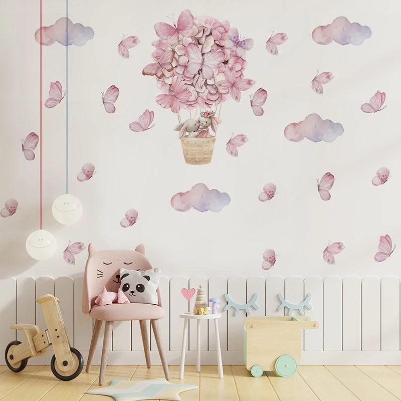Watercolor Hot Air Balloon Wall Decals - Butterfly Bunnies