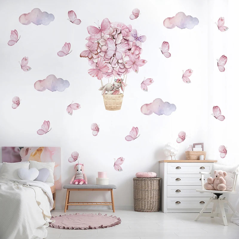 Watercolor Hot Air Balloon Wall Decals - Butterfly Bunnies