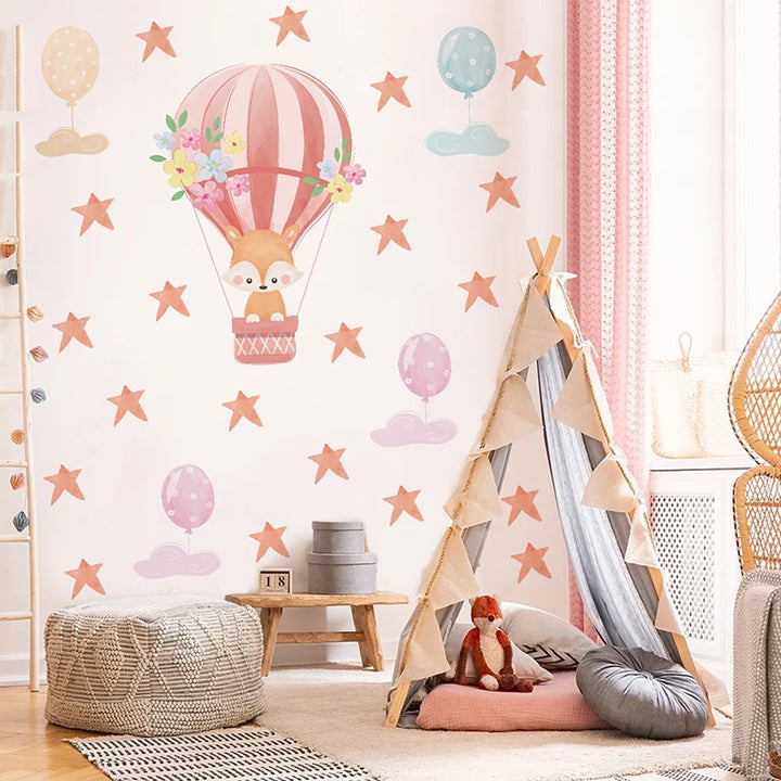 Watercolor Hot Air Balloon Wall Decals - Baby Fox