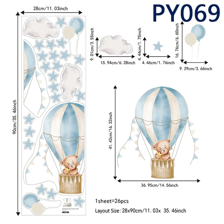 Watercolor Hot Air Balloon Wall Decals - Teddy Bear