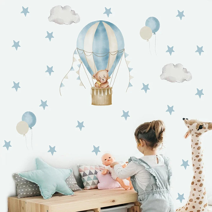 Watercolor Hot Air Balloon Wall Decals - Teddy Bear