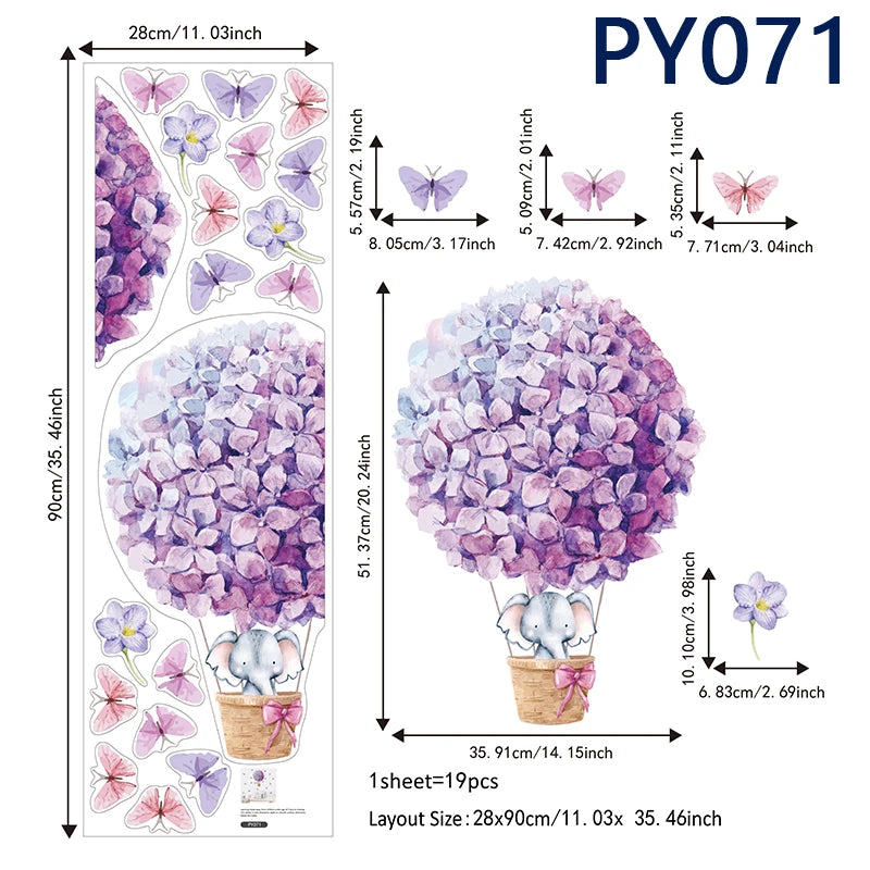 Watercolor Hot Air Balloon Wall Decals - Purple Elephant