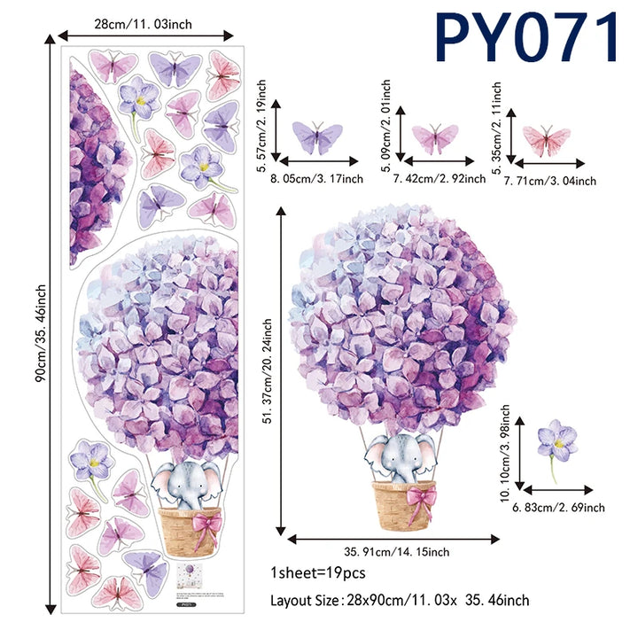 Watercolor Hot Air Balloon Wall Decals - Purple Elephant