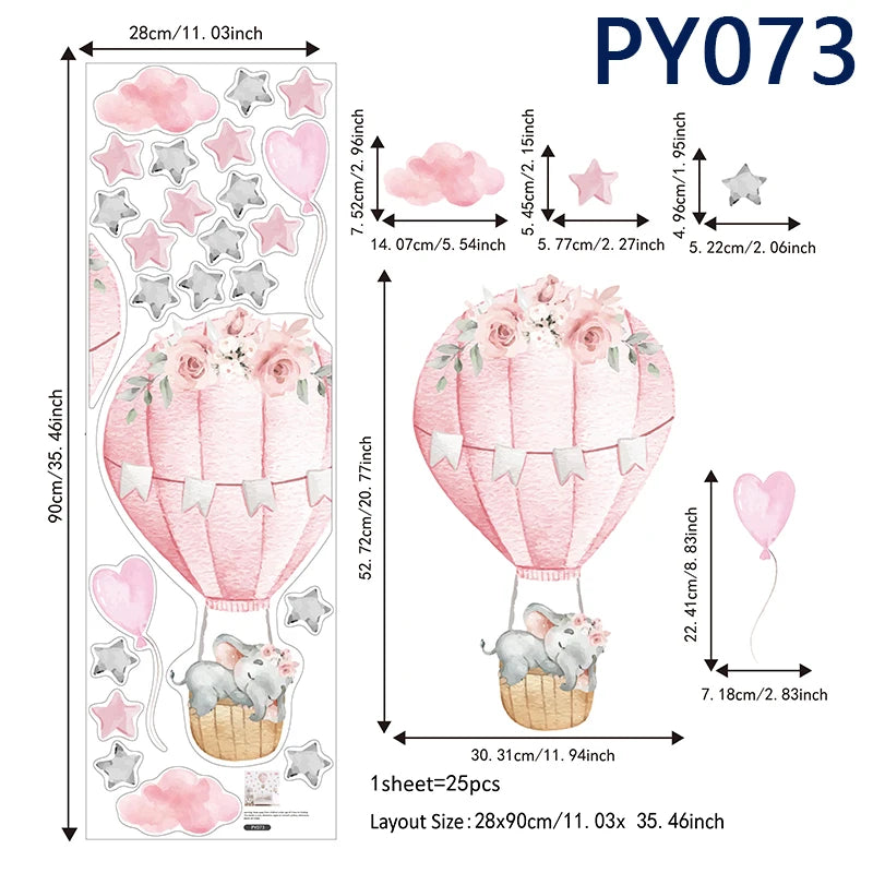 Watercolor Hot Air Balloon Wall Decals - Sleeping Elephant