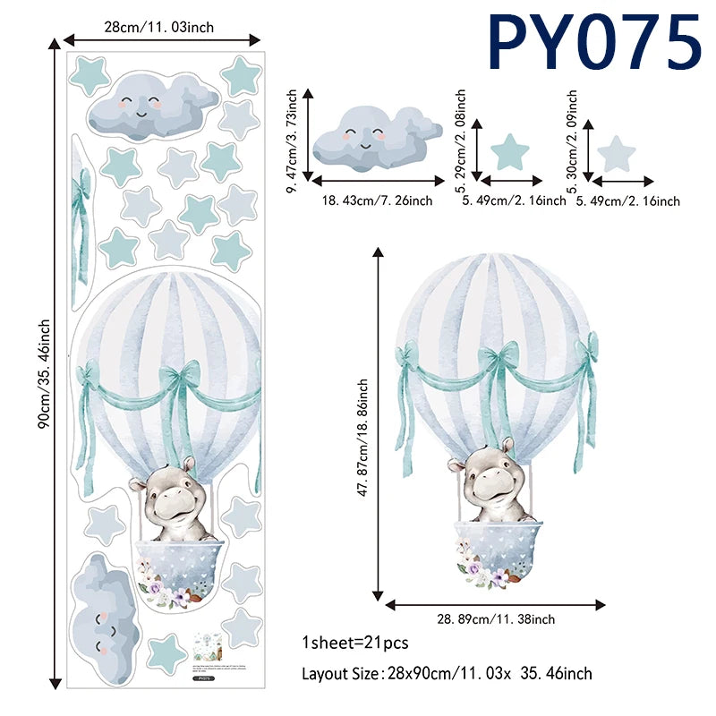 Watercolor Hot Air Balloon Wall Decals - Baby Hippo