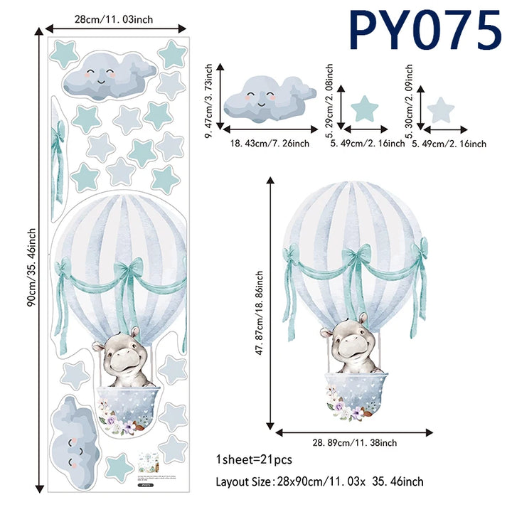 Watercolor Hot Air Balloon Wall Decals - Baby Hippo