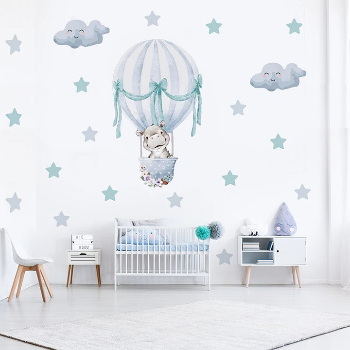 Watercolor Hot Air Balloon Wall Decals - Baby Hippo
