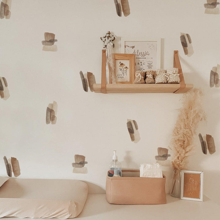 Brown and neutral color abstract lines wall decal stickers on a wall in baby nursery