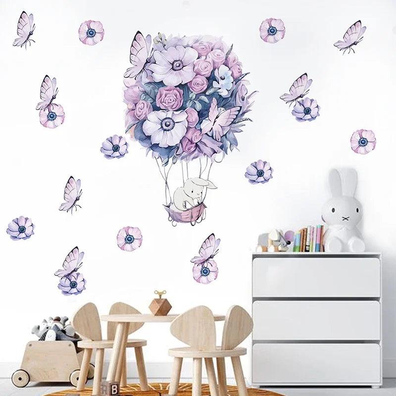 Watercolor Cartoon Animals Hot Air Balloon Wall Stickers Flowers Hot Balloon Decals for Kids Room Baby Room Nursery Wall Decor - Parker and Olive