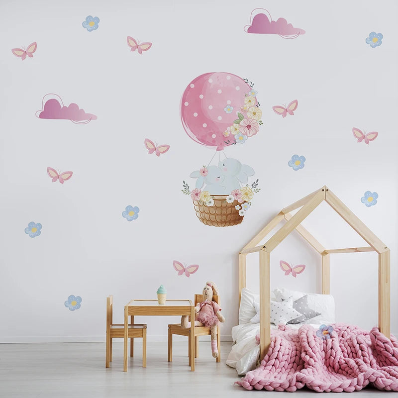 Watercolor Hot Air Balloon Wall Decals - Bunny Voyage