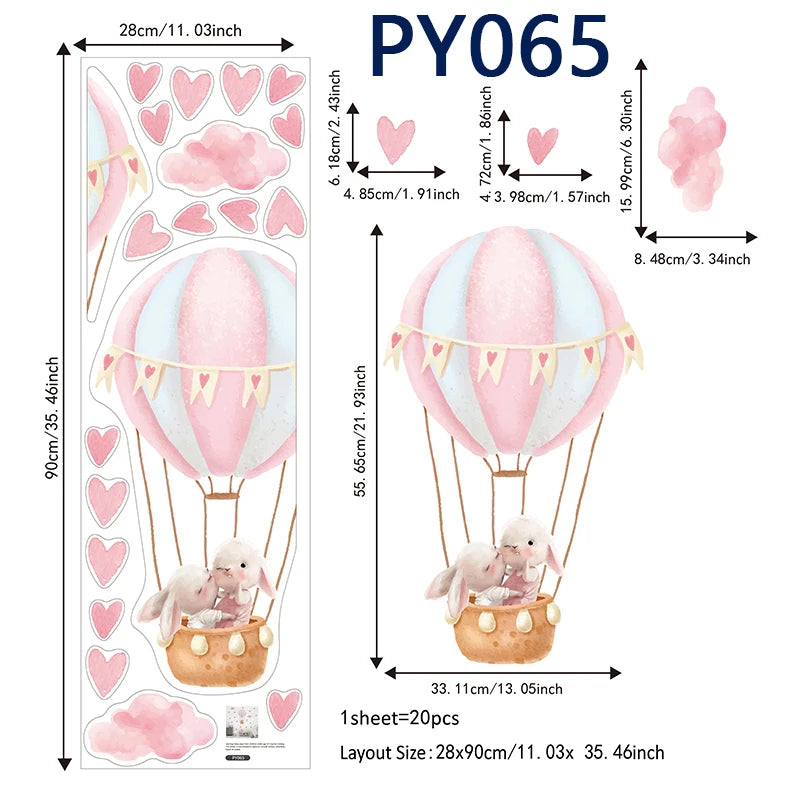 Watercolor Hot Air Balloon Wall Decals - Pink Heart Bunnies