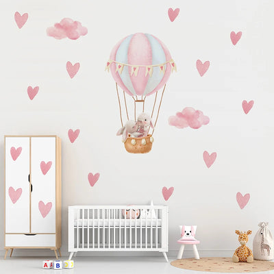 Watercolor Hot Air Balloon Wall Decals - Pink Heart Bunnies