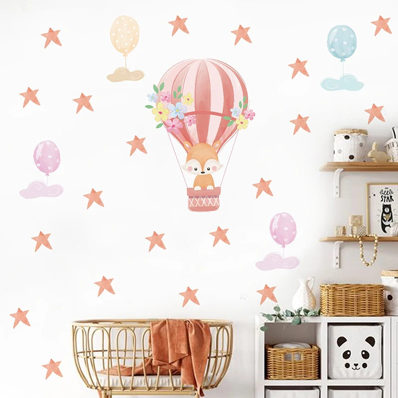 Watercolor Hot Air Balloon Wall Decals - Baby Fox