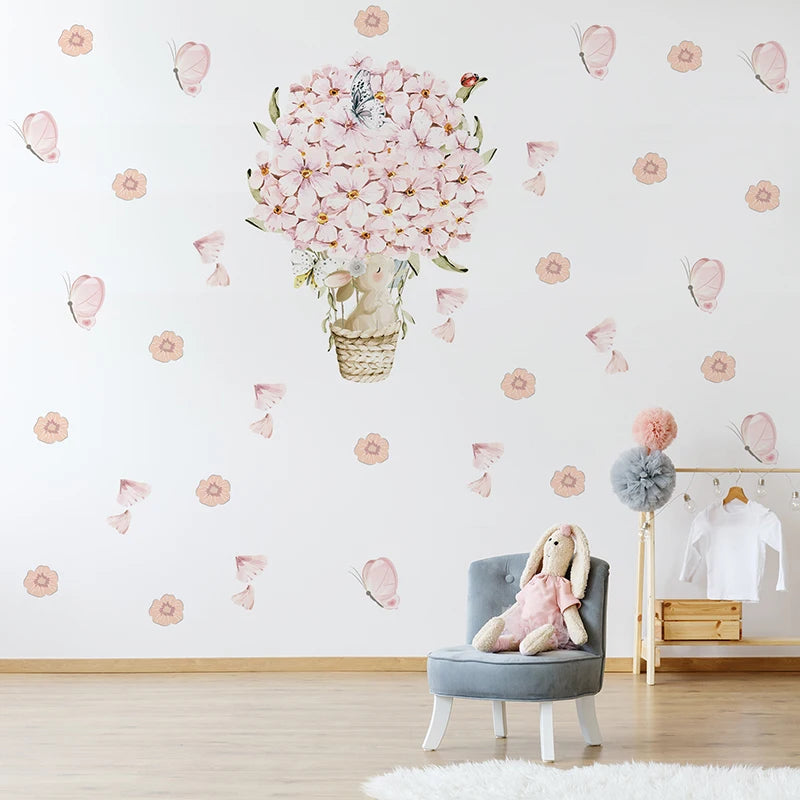 Watercolor Hot Air Balloon Wall Decals - Pink Flower Bunny