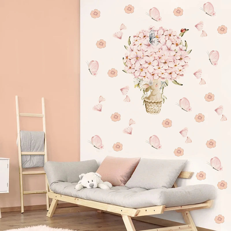 Watercolor Hot Air Balloon Wall Decals - Pink Flower Bunny