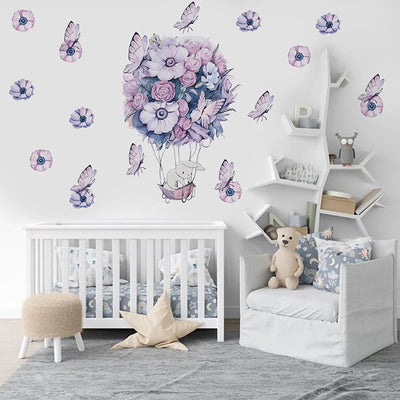 Watercolor Hot Air Balloon Wall Decals - Purple Bunny