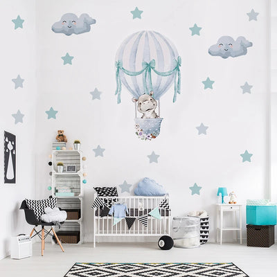Watercolor Hot Air Balloon Wall Decals - Baby Hippo